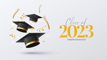 Banner for design of graduation 2023. Graduation caps, golden confetti and serpentine. Congratulations graduates of 2023. Vector illustration for decoration of degree ceremony in social media.