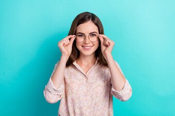 Sticker - Photo of adorable sweet lady wear pink shirt smiling arms hands spectacles isolated turquoise color background