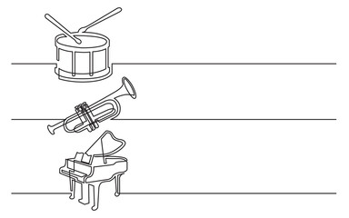 Wall Mural - continuous line drawing vector illustration with fully editable stroke of drum drumstick trumpet gra