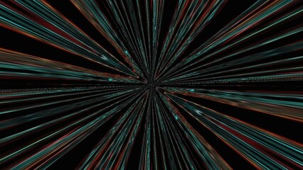 Sticker - flying through rotating colorful red and blue line tunnel. glowing outline fractal design on black b