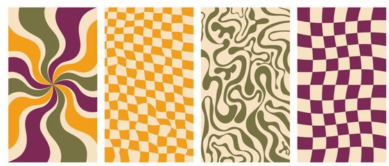 Wall Mural - groovy hippie 70s vector backgrounds set. chessboard and twisted patterns. backgrounds in trendy ret