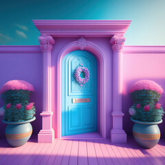 Generative AI: pink and blue fantasy door illustration background