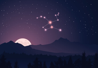 Wall Mural - vector constellation lepus in dark purple, starry sky. misty hills, rising moon, dark forest, mounta