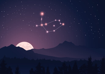 Wall Mural - vector constellation pavo in dark purple, starry sky. misty hills, rising moon, dark forest, mountai