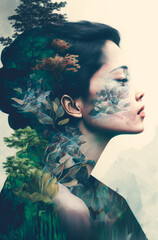 Sticker - Beautiful side profile face with eyes closed of Asian woman on white background, image combined with nature, green and blue trees landscape. Generative AI	
