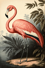 Pink Flamingo On The Shore In Vintage Retro Painting Style, Generative Ai