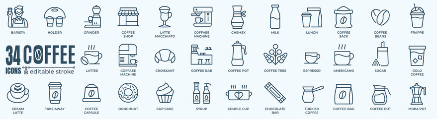Coffee elements editable stroke pictogram and minimal thin line web icon set. Outline icons collection. Simple vector illustration