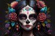 cartoon of woman face painted with delicate skull, representing Santa Muerte deity, for mexican dia de los muertos