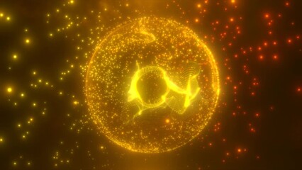 Poster - Abstract round yellow orange sphere light bright glowing from energy rays and magic waves from particles and dots, abstract background. Video 4k, motion design
