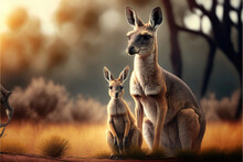 A Kangaroo And Its Baby Are In The Grass Together, Generative AI