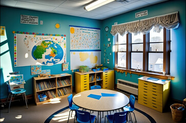 An illustration of an elementary classroom that is ready for the school day to start. AI generated art. 