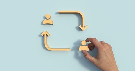 Poster - Concept creative idea and innovation. Hand picked wooden cube block with head human symbol and light bulb icon