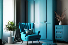 Bright Modern Home Interior Blue With Soft Armchair And Wardrobe