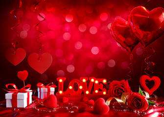 Wall Mural - valentine's day - love decorations with gift and red balloons in abstract defocused background