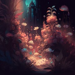 a painting of a forest with flowers and plants in it at night time with a full moon in the sky above