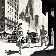 Young Woman Walking Down A Street In 1930s New York - Cartoon Drawing