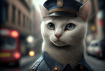 Wall Mural - character design illustration of a white cat wearing police officer uniform with urban cityscape background Generative Ai	