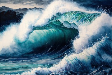  a painting of a large wave in the ocean with a mountain in the background and a cloudy sky above it, with a blue hue of blue and white, with a white, and green hue. Generative AI