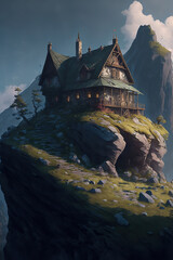 Wall Mural - a painting of a house on top of a hill, fantasy art illustration 