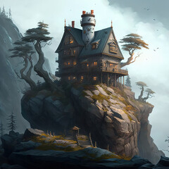 Wall Mural - a painting of a house on top of a hill, fantasy art illustration 