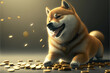 Shiba Inu dog playing with his gold coins, Generative AI. 