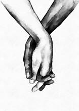 Watercolour Holding Hands In Black And White. 