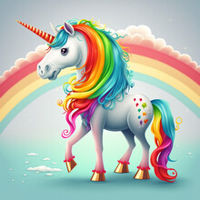 
Fabulous Magical Unicorn With A Mane And Tail Of Rainbow Colors On A Rainbow Background The Main Tone Is White