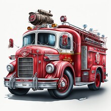  A Red Fire Truck With A Ladder On Top Of It's Roof And A Fire Hose On Top Of It's Roof Rack And A White Background With A White Background And A White Backdrop.