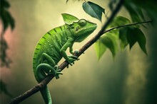  A Green Chamelon Sitting On A Branch In A Tree With Leaves On It's Back Legs And Eyes Closed, With A Green Background Of A Dark Sky And Green Leaves And A.