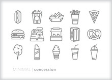 Set Of Concession Line Icons Of Food, Drink, And Snacks For A Concert Or Sporting Event