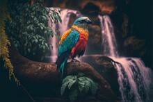  A Colorful Bird Sitting On A Branch In Front Of A Waterfall And Waterfall In The Background With Leaves On The Branch And A Green Plant In The Foreground With Water In The Foreground.