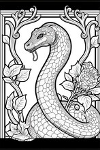  A Snake With A Rose In Its Mouth And A Frame Around It, With Leaves And Flowers Around It, In A Black And White Frame, With A Black Border, With A White Border.