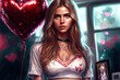 A beautiful college girl in a white crop top with a red heart balloon next to her, generative ai