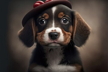 Poster - Lovable puppy with heart shaped funny hat . Close-up, indoors. Color background. Concept of love and terness. Generative AI