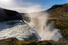 Gullfoss Waterfall In Hvítá River Canyon In Southwest Iceland. Popular Falls On The Golden Circle Tourism Route. 
