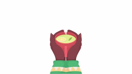 Poster - Animated holding mug with herbal tea. Comfort. Flat first view hands on white background with alpha channel transparency. Colorful cartoon style 4K video footage of closeup arms for animation