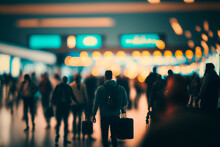 Busy International Airport Terminal Out Of Focus People. Ai Generative 