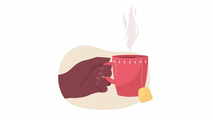Poster - Animated giving mug with tea bag. Treat. Looped flat 2D first view hand 4K video footage. Colorful isolated animation on white background with alpha channel transparency for website, social media