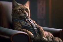 A Serious Orange Cat Dressed In A Suit In A Neck Chair Is Looking Thoughtfully