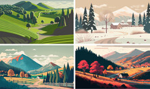 4 Seasons: Winter, Spring, Summer, Autumn. Vector Illustrations Of Nature, Natural Landscape, Mountains, Trees, Houses, Fields For Background Or Banner