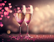 Two Glasses Of Champagne Sparkling Wine, Pink With Shinny Bright Heart Bokeh. Valentines Day, New Years, Wedding, Birthday, Party Celebrations. Generative Ai Image.