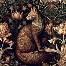William Morris Seamless Wallpaper Foxes Lilies Warm Cozy Hyper Realistic Very Detailed Cinematic Insanely Realistic And Detailed High Resolution Hd 8k 