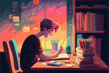 A student studying hard on his study table in his room. Study Table. Studying. Books. Table. Desk. Work. Hard work. Illustration. Graphic. Design. Art. Painting. Cartoon. Red Blue