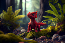 Very Cute Red Baby Dragon Standing In The Peaceful Forest. CG Artwork Concept. Generative AI Illustration