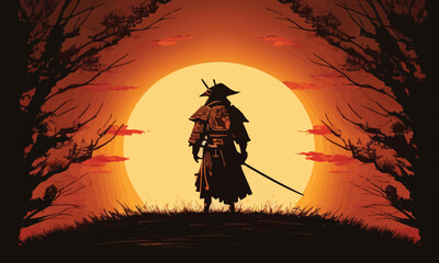 a samurai walking to the sun