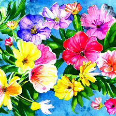 Sticker - 3d Wallpaper gemalte Frühlingsblumen mit Wasserfarben