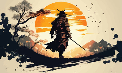 a samurai walking to the sun