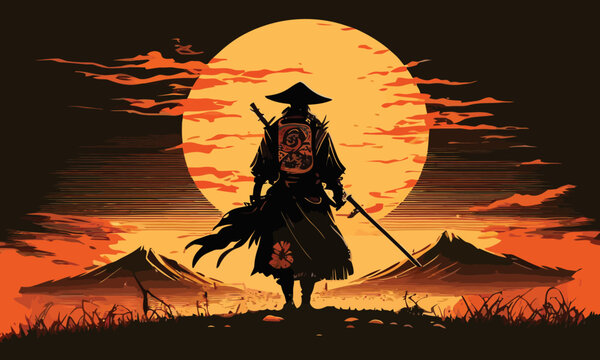 a samurai walking to the sun