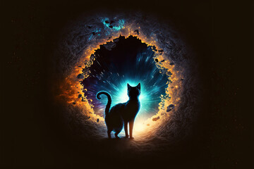 a fairy black Cat is looking out a strange magic circle illustration generative ai