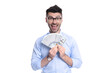 © be free - amazed man in glasses holding paper money studio. Rich man with money banknotes. Cash money